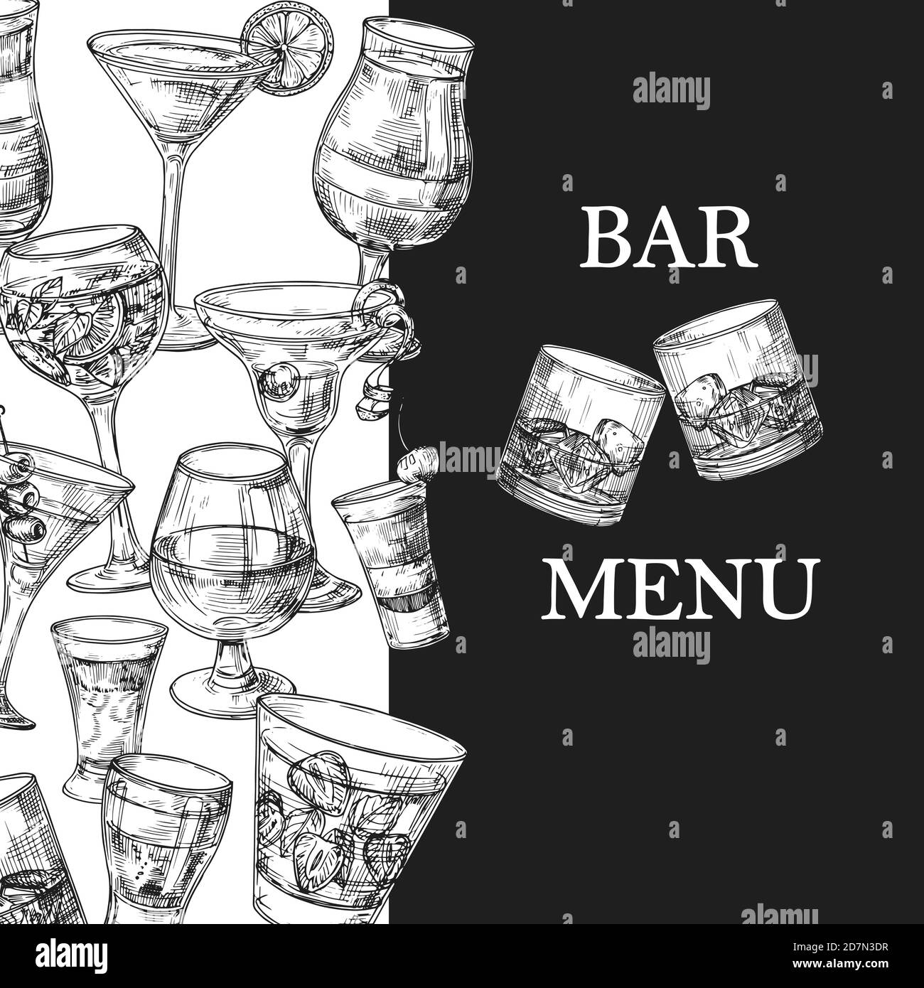 Bar-Menü-Vektor-Vorlage mit handgezeichneten Getränken und Cocktails. Illustration von Alkohol-Menü Skizze, Cocktail-Drink, Tequila und Getränk Stock Vektor