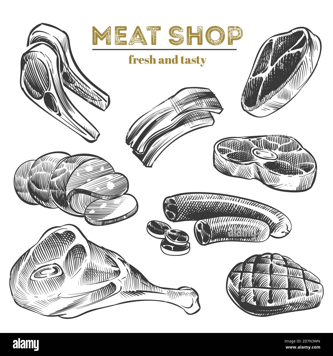 Handskizzierte Fleischprodukte isoliert auf weißem Hintergrund. Vektor von Steak Fleisch, Schweinefleisch und Rindfleisch natürliche Illustration Stock Vektor