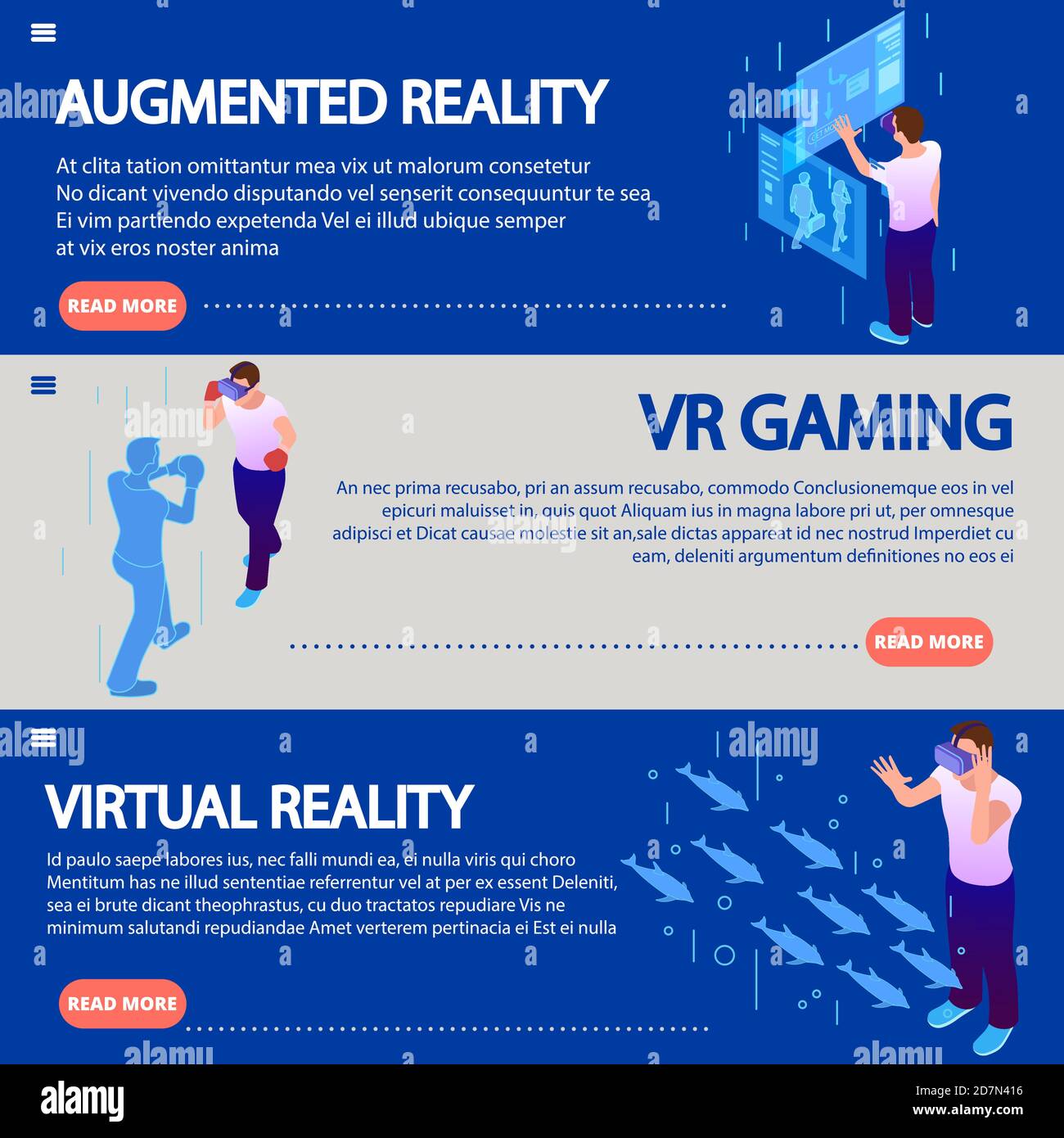 Isometrische Augmented Reality von elektronischem Glas Virtual Reality tragen horizontale Banner Vektor-Illustrationen. VR Gaming isometrisches, elektronisches Headset Stock Vektor