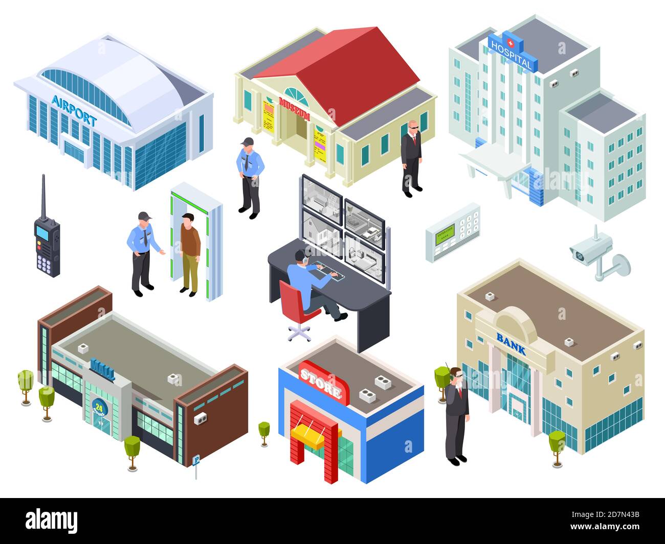 Sicherheitssystem für verschiedene öffentliche Gebäude isometrische Vektorsammlung. Illustration des Gebäudes isometrische, Bank und Mall, Outdoor-Steuerung Stock Vektor