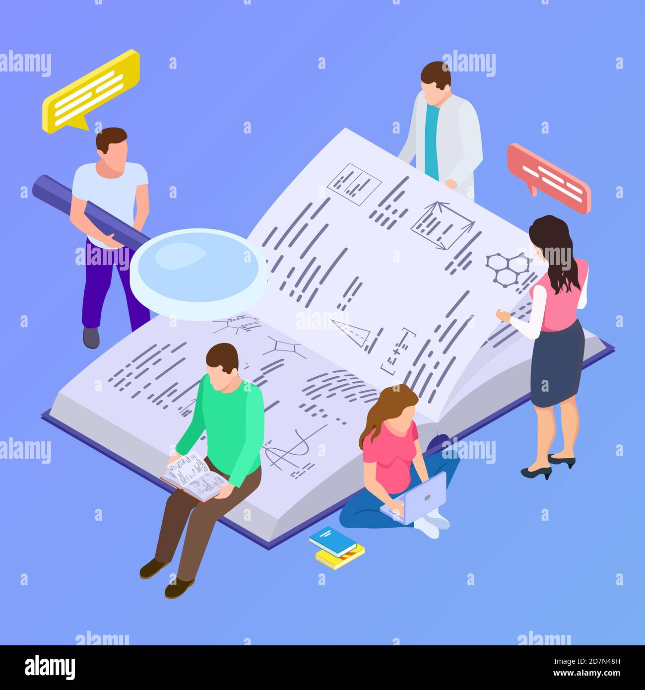 Kollektive Bildung, Gruppenforschung isometrische Vektor-Illustration. Buch über Forschung und Entwicklung und Bildung Stock Vektor