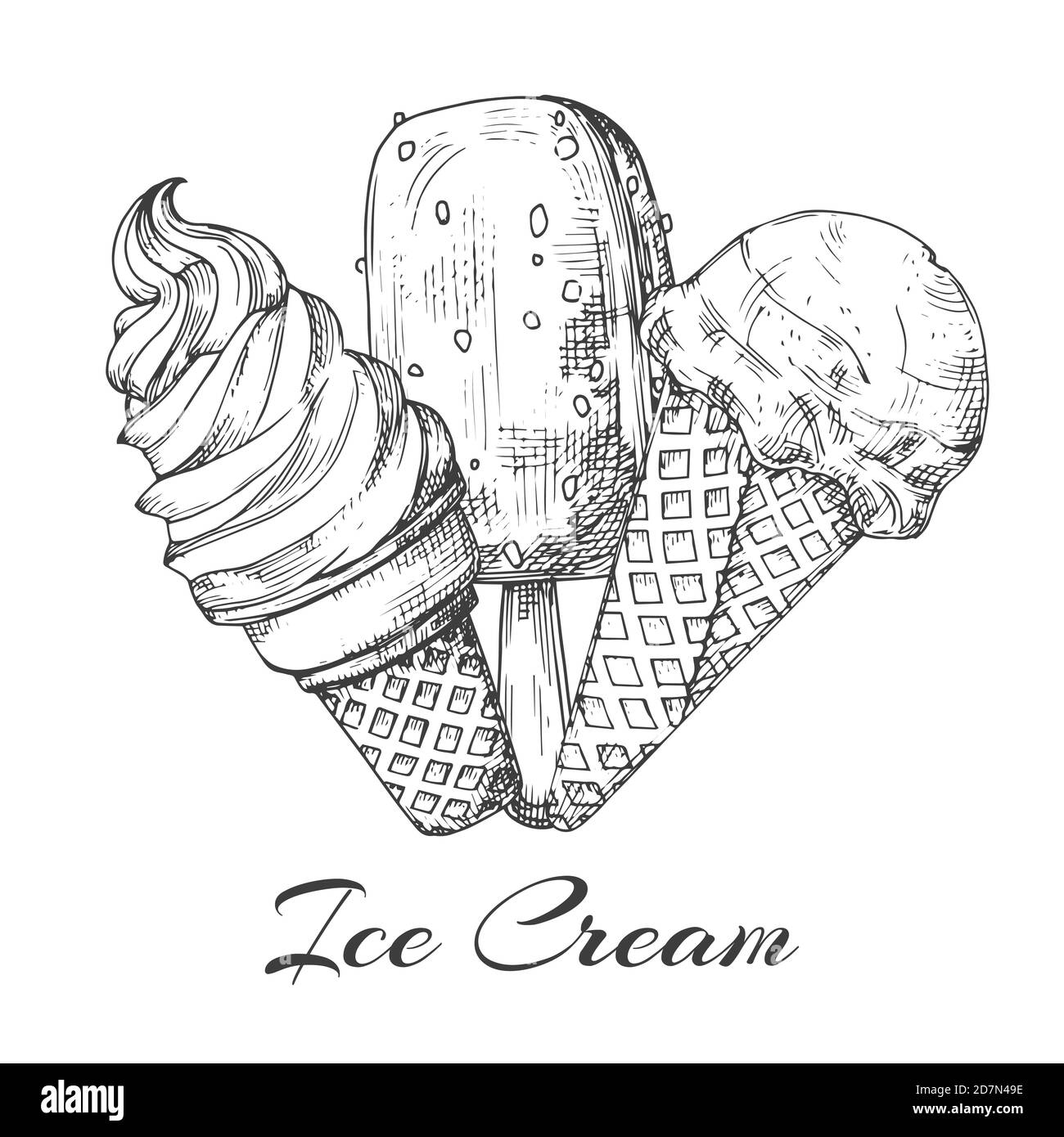 Handgezeichnetes Eis-Logo. Skizze des Eiscremevektors isoliert auf weißem Hintergrund. Illustration von Eis Essen, Zeichnung lecker Stock Vektor