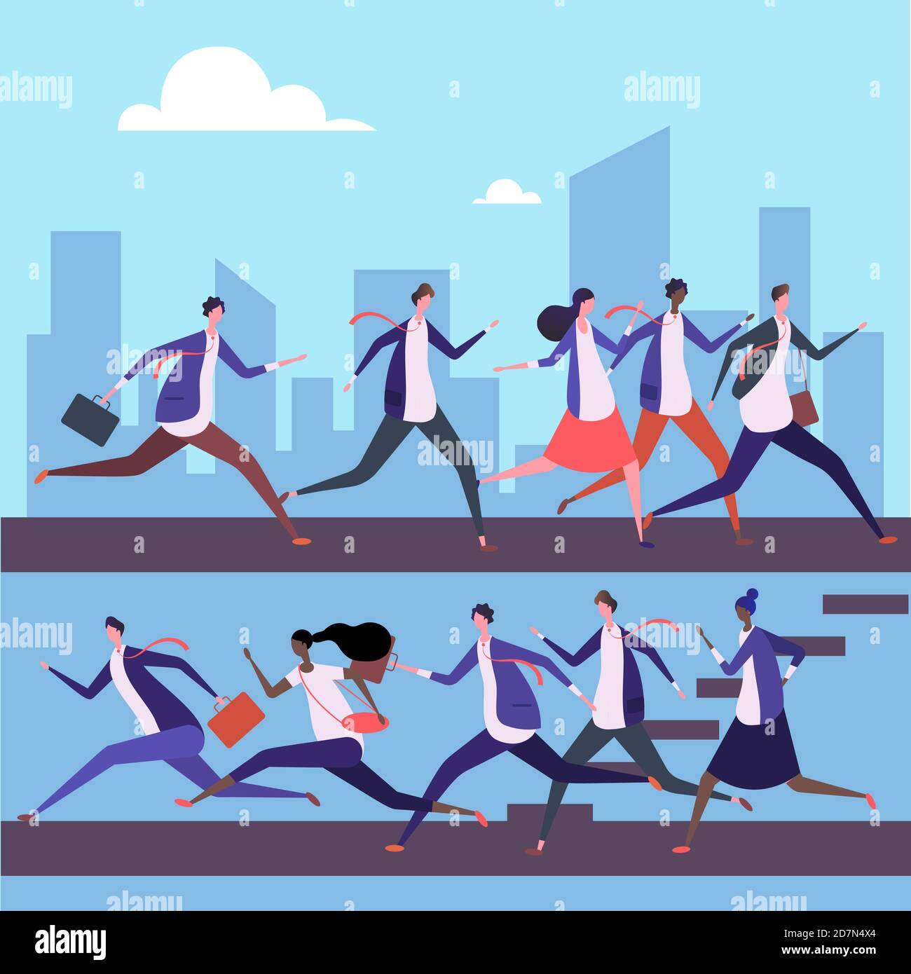 Cartoon Männer und Frauen laufen, um Vektor-Illustration zu arbeiten. Erfolgskonzept. Teamarbeit Geschäftsmann und Geschäftsfrau Rennen laufen Stock Vektor