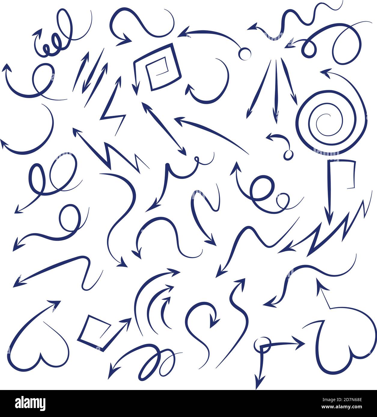 Doodle-Pfeile gesetzt. Skizze wirbelnde Pfeile schwarz Hand gezeichnet gekrümmten Zeiger Symbole auf weißem Hintergrund isoliert. Pfeil-Drall-Zeiger, Kurvenlinie skizzierende Illustration Stock Vektor