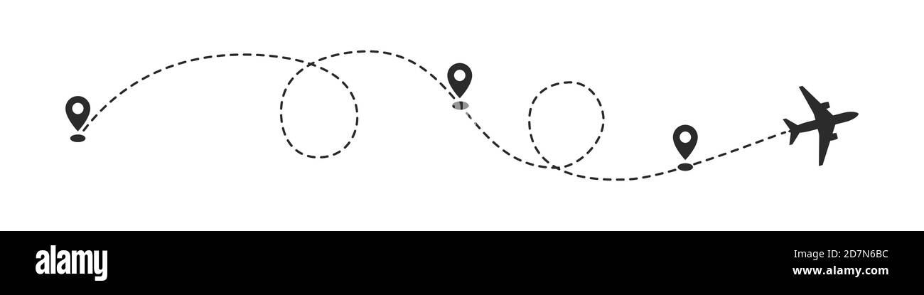 Ebenenpfad mit Vektordarstellung der Positionsstifte. Weg zur Lage mit dem Flugzeug, Tourismuspfad, Routenflug Stock Vektor