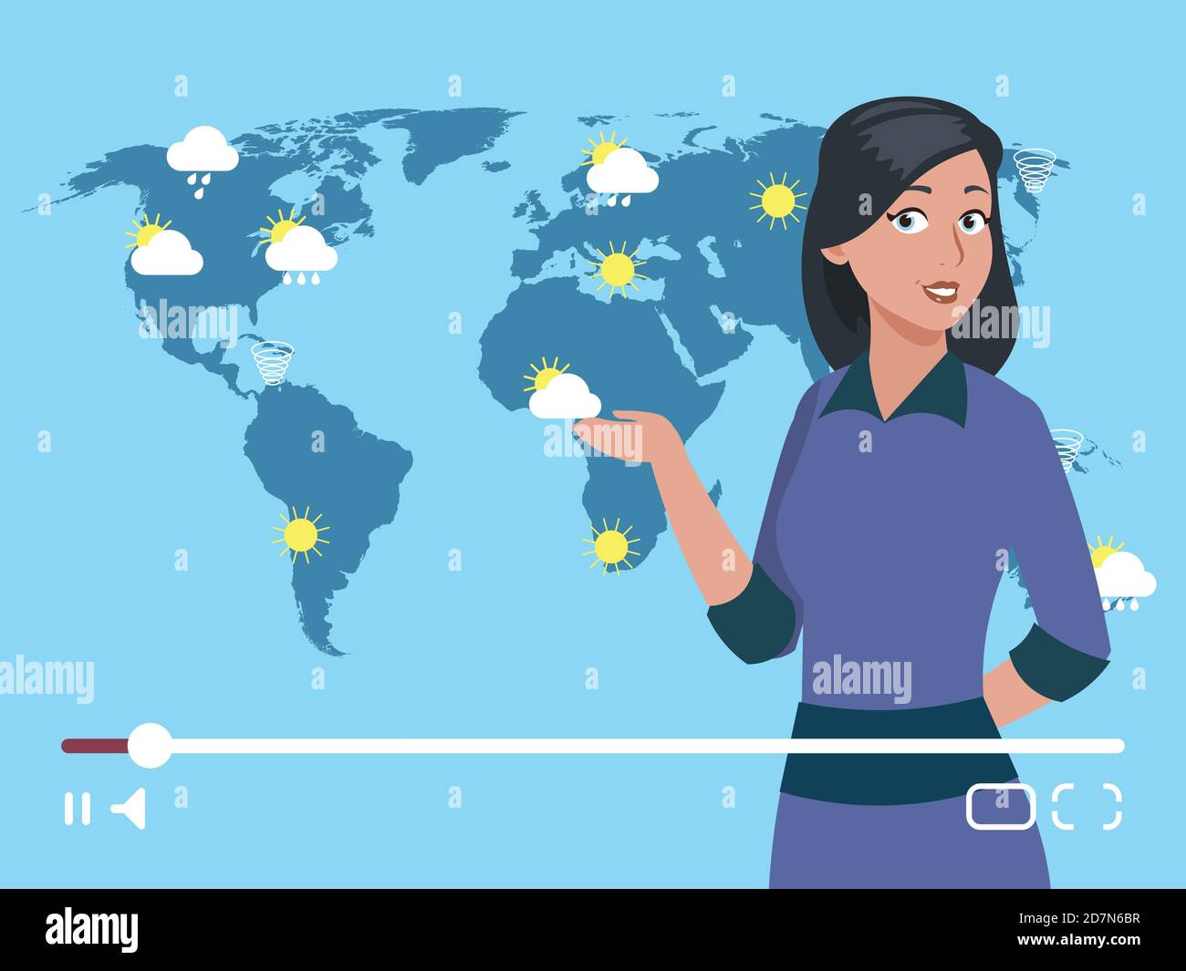 Frau Anchorman Wetter Kanal Vektor Illustration. Weltweites Wetterprognosekonzept. Wetterprognosekanal, Sendebericht über Meteorologie Stock Vektor