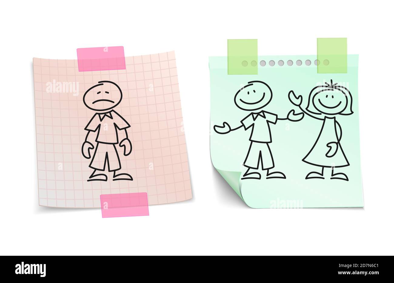 Einsamkeit vs glückliche Liebe auf Papier Blatt Vektor-Konzept. Paar Freund und Freundin Liebe und skizzenhaft einsame Illustration Stock Vektor