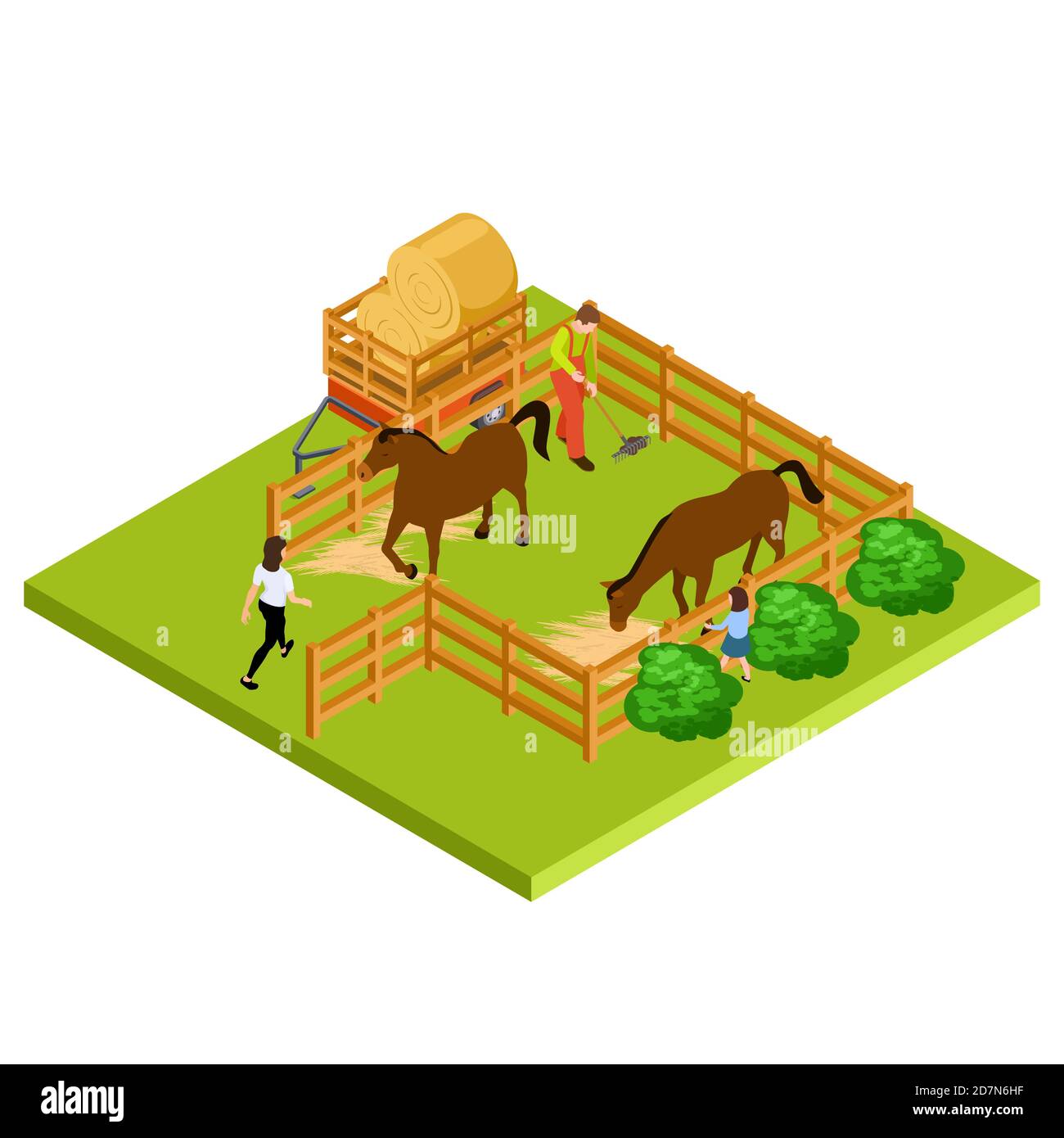 Horse Farm 3d isometrische Vektorposition isoliert. Bauernhof mit Stute und Hengst Illustration Stock Vektor