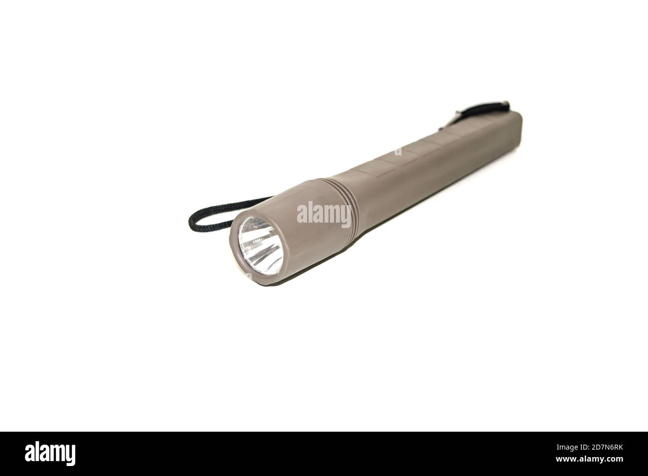 LED-Taschenlampe, Nahaufnahme der Taschenlampe, Taschenlampe auf isolierter weißem Hintergrund. Stockfoto