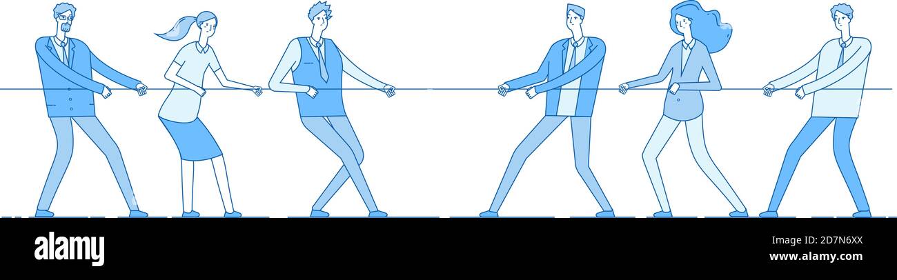 Seilzug. Team Business Wettbewerb, Menschen Rivalen ziehen Seil. Wettbewerb, Konflikt Rivalität im Büro. Tauziehen des Kriegsvektorkonzepts. Wettbewerb Schleppseil, Team ziehen Anstrengung Illustration Stock Vektor