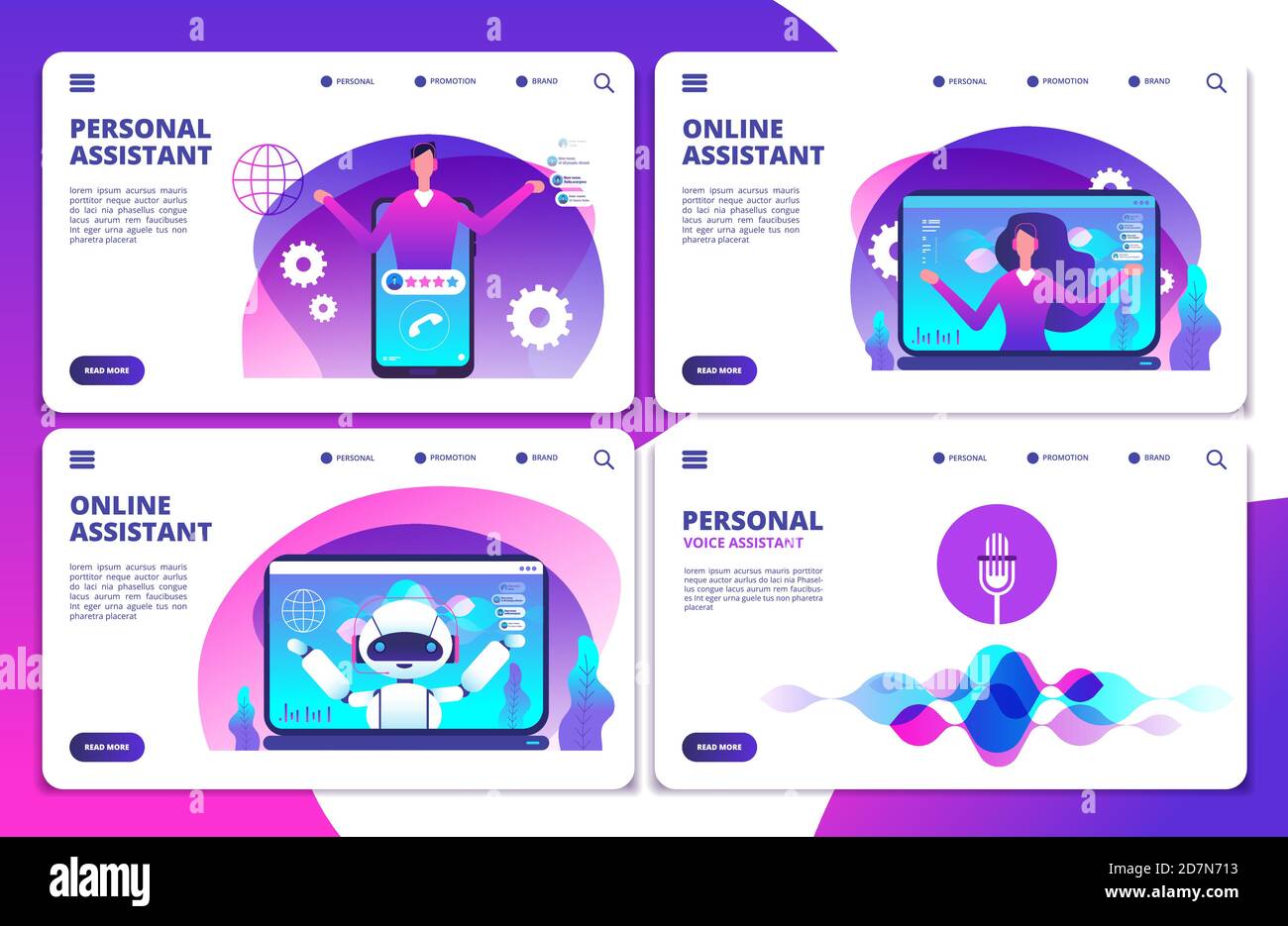 Vector persönlicher Assistent, Sprachassistent, Online-Roboter-Assistent Landing Page Set. Voice Smart Assistant, mobile Roboter Online-Illustration Stock Vektor