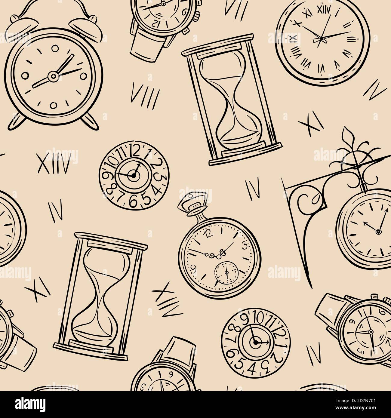Uhr nahtlos Muster. Sketch Zeit, Skizze Sanduhr und mechanische Uhr, Zeitmesser Vektor Vintage Textur. Darstellung von Uhr und Zeitmuster, mechanischer Zeitmesser Stock Vektor