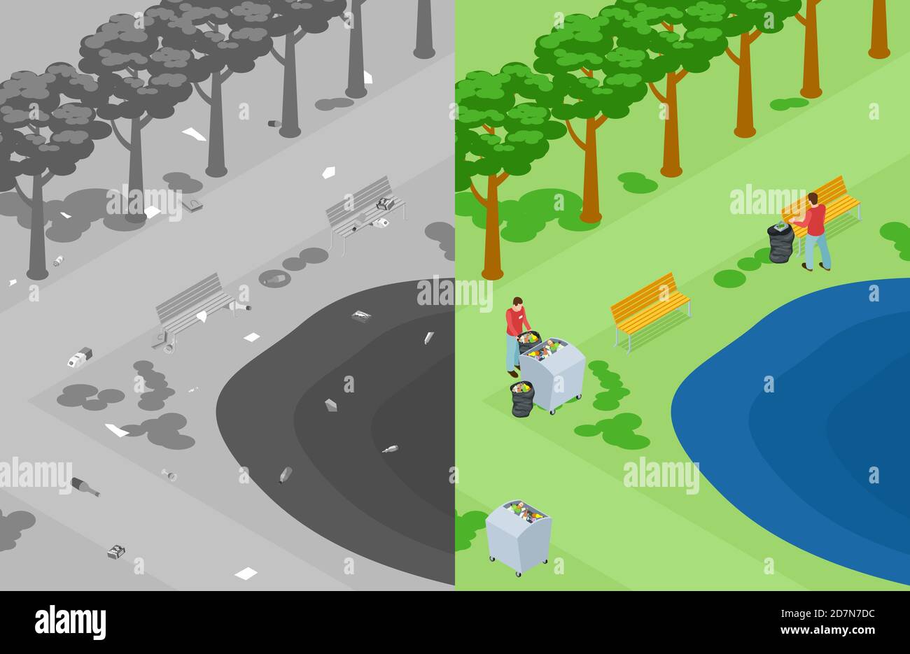 Vektor Natur oder Park Verschmutzung. Freiwillige sammeln Müll im isometrischen Konzept des Parks. Illustration von Freiwilligen sammeln Müll im Park Stock Vektor