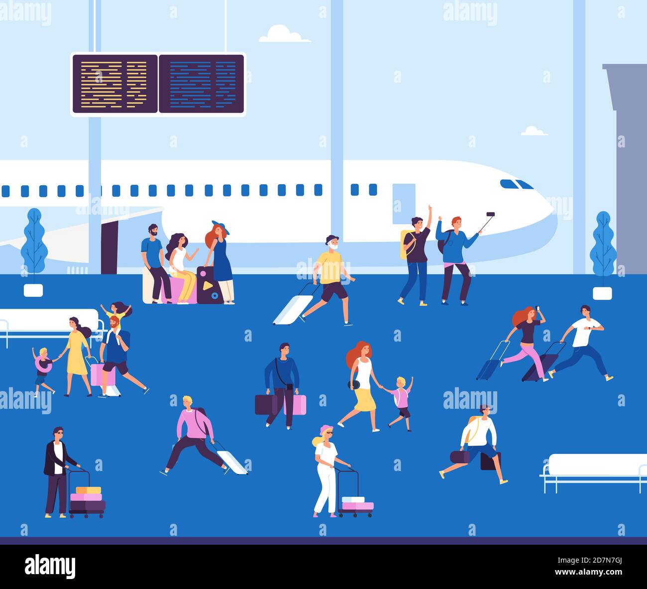 Flughafenterminal innen. Paare Touristen mit Koffer warten zu Fuß in Flughafen-Terminal Passagiere Reisende Reise Vektor-Konzept. Abbildung des Flughafenterminals mit Reisen Menschen Stock Vektor