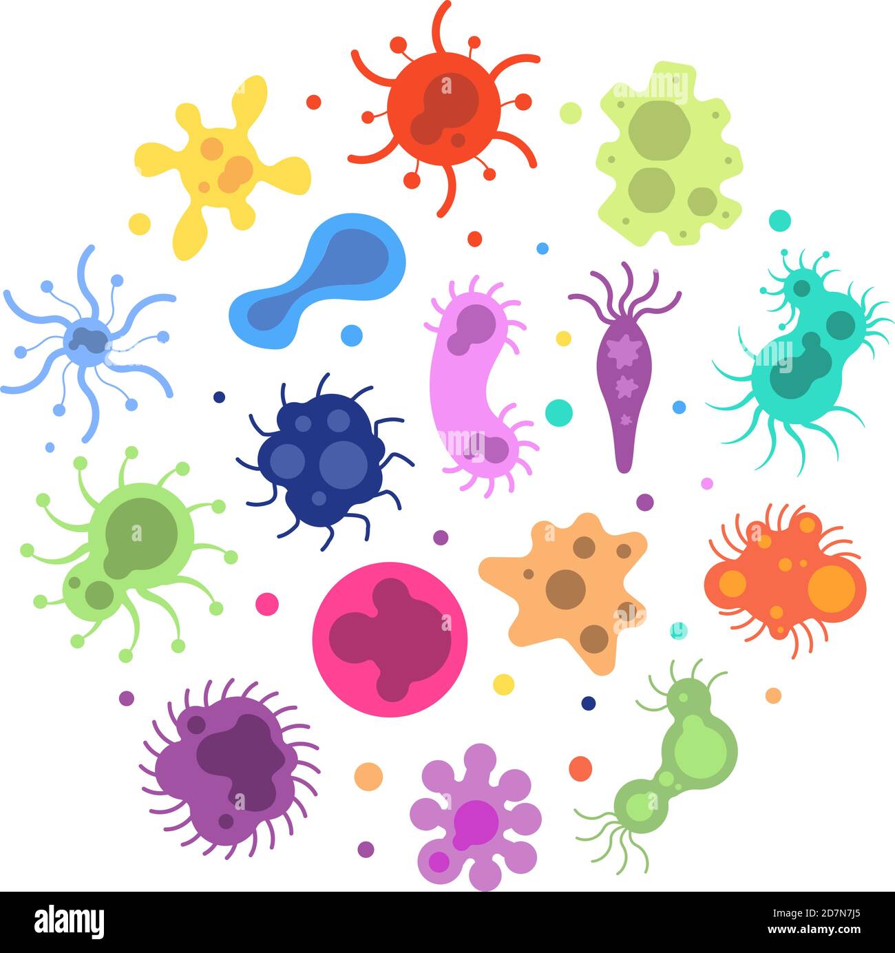 Bakterienkeim. Pandemie Viren biologische, Allergie Mikroben Bakterien Epidemiologie. Infektionen Keime Grippe Krankheiten Vektor bunte Zellen. Amöben-Grippe, Zellkrankheit Infektion Illustration Stock Vektor