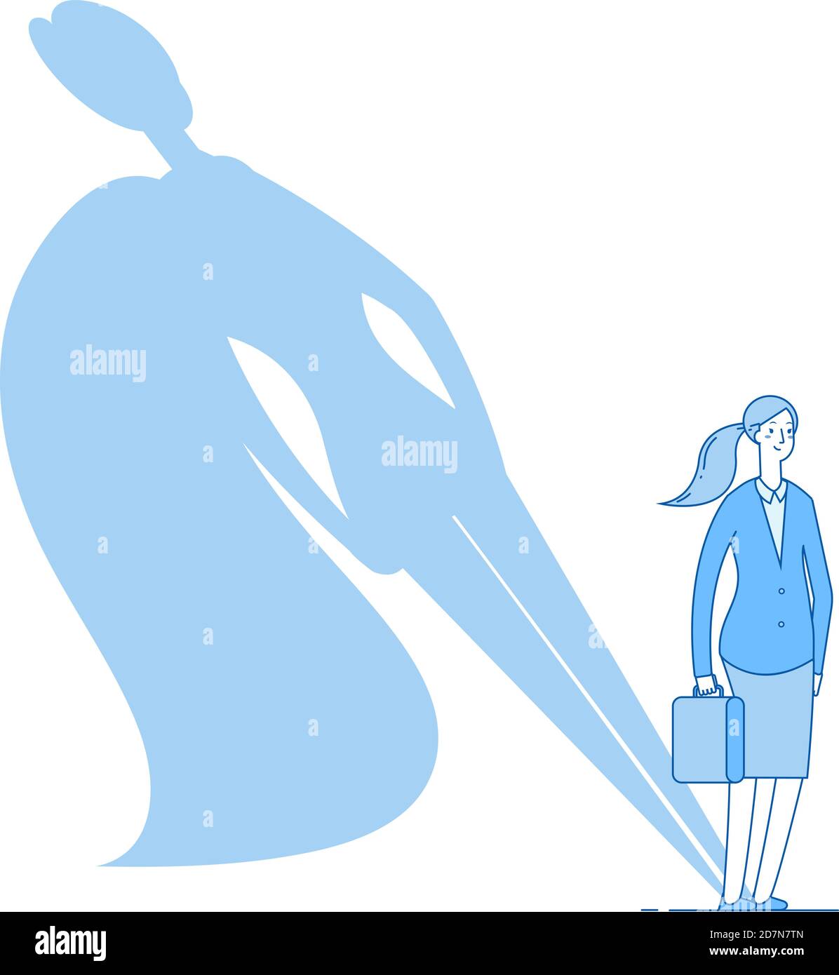 Frau Superhelden Schatten. Erfolgreiche starke Geschäftsfrau Ehrgeiz Führung Held Herausforderung Karriere Wachstum Motivation Vektor. Illustration der Geschäftsfrau in blauem Stil, Führer Frau stark Stock Vektor