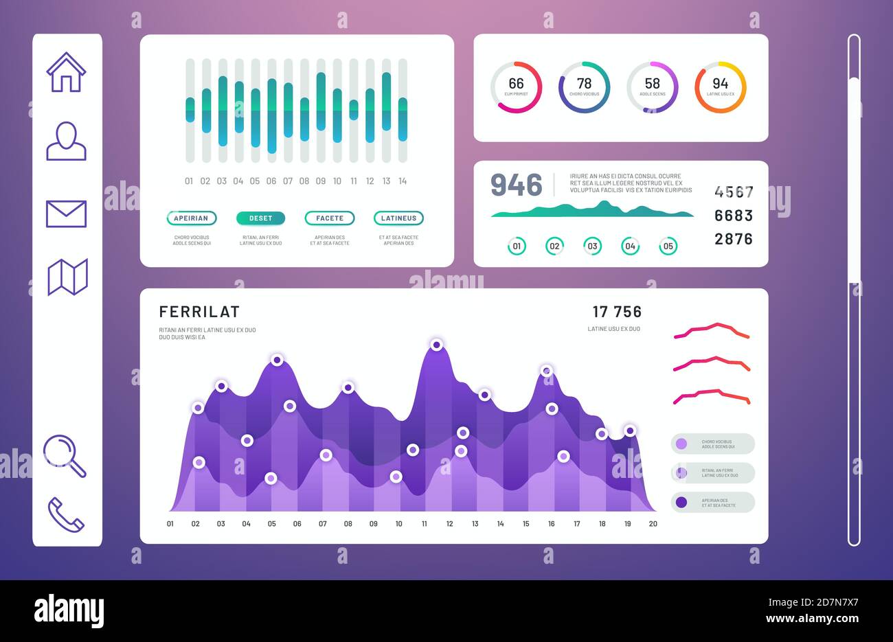 Infografik Dashboard, Admin-Panel mit Info-Charts, Diagramme Vektor-Vorlage. Info-Datendiagramm und Diagramm, Diagramm Dashboard Interface Illustration Stock Vektor