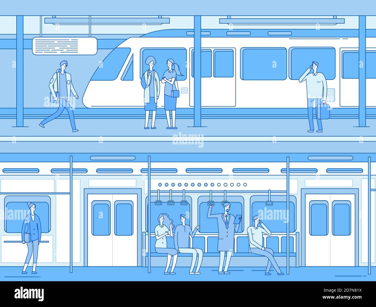 Menschen in der U-Bahn. Mann Frau wartet Zug U-Bahn-Station. Personen im Innenraum des Zuges. Unterirdisches Transportvektorkonzept. Illustration der U-Bahn-Station für Passagiere, Bahnsteig Stock Vektor