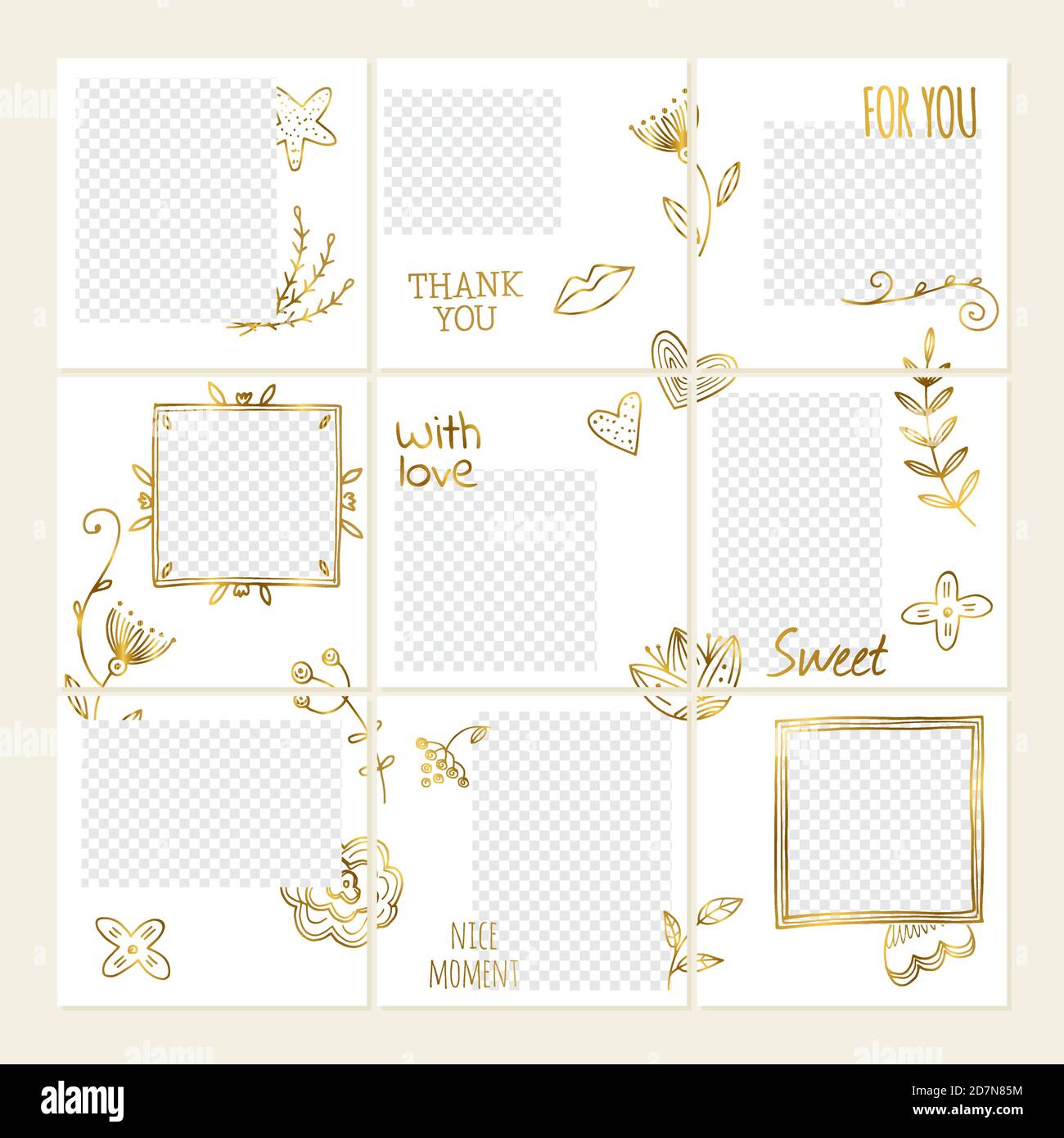 Inspiriert von instagram Vektor Social Media Collage Vorlage mit Doodle Zweige und Blumen Design. Illustration der Schnittstelle für Fotografie, Social Media Rahmen Stock Vektor