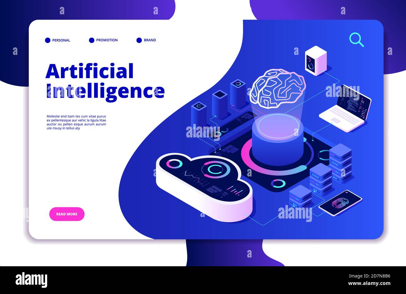 Landung der künstlichen Intelligenz. AI Smart digital Brain Networking neuronales Lernen intelligente Lösungen Innovationen Vektor-Konzept. Lösung Innovation Geist, Technologie Gehirn Illustration Stock Vektor