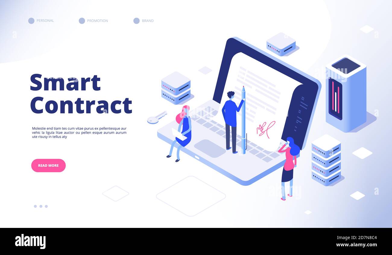 Intelligenter Vertrag. Digitale Signatur elektronische Dokument Smart Verträge Protokoll Vermittler Kryptographie Vereinbarung Vektor-Konzept. Digitale Unterschrift Vertrag, Business Smart Illustration Stock Vektor
