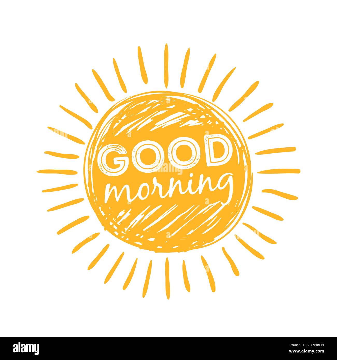 Guten Morgen Sonne. Sunshine Symbol mit fröhlichen Morgen Schriftzug Typografie. Vektorgrafik. Good Morning Schriftzug, handgeschriebene Motivation Stock Vektor