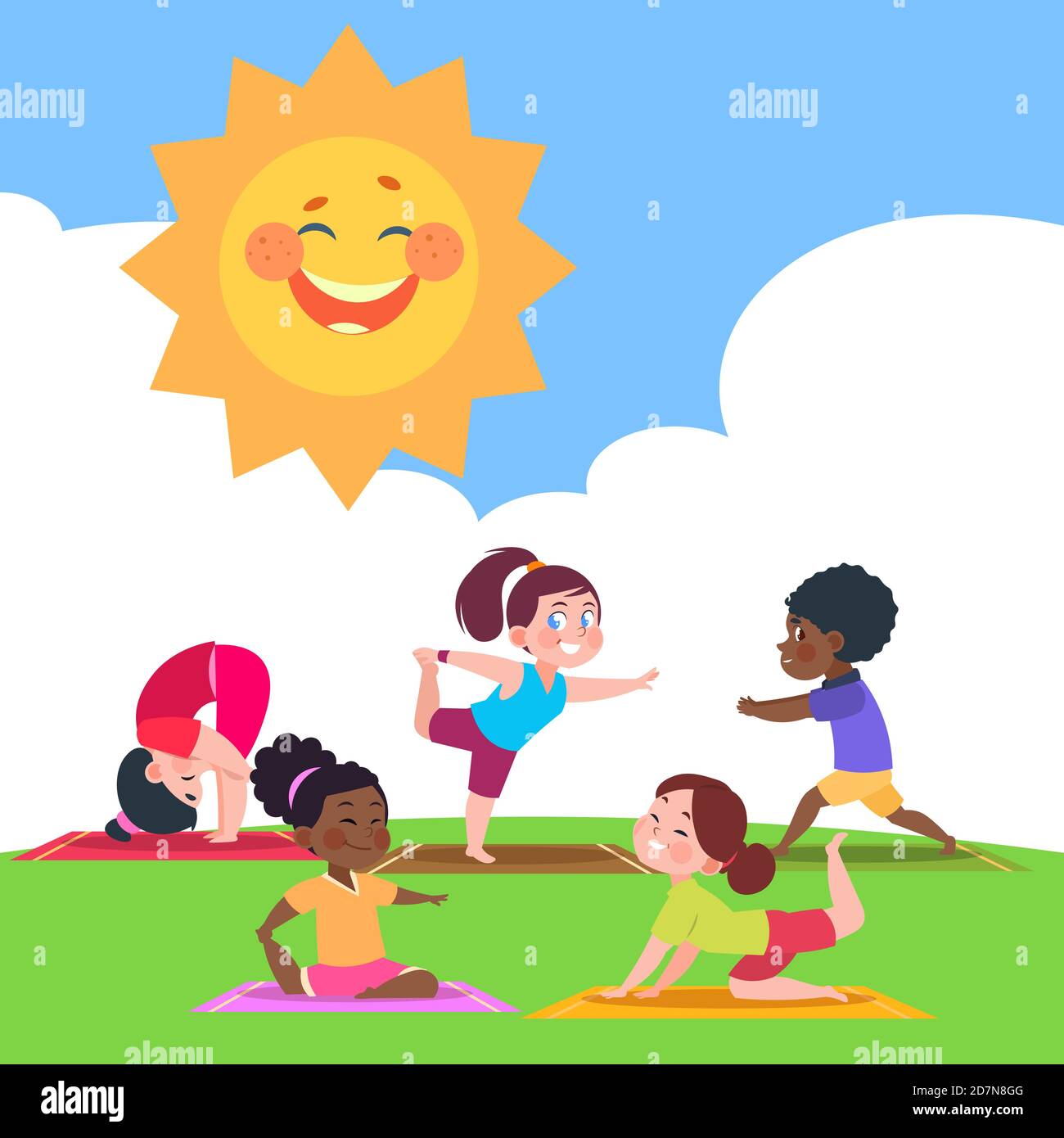 Nette Kinder tun Yoga am Morgen in der Natur Vektor Illustration. Kind Kinder Yoga, Sport Cartoon Morgen Stock Vektor
