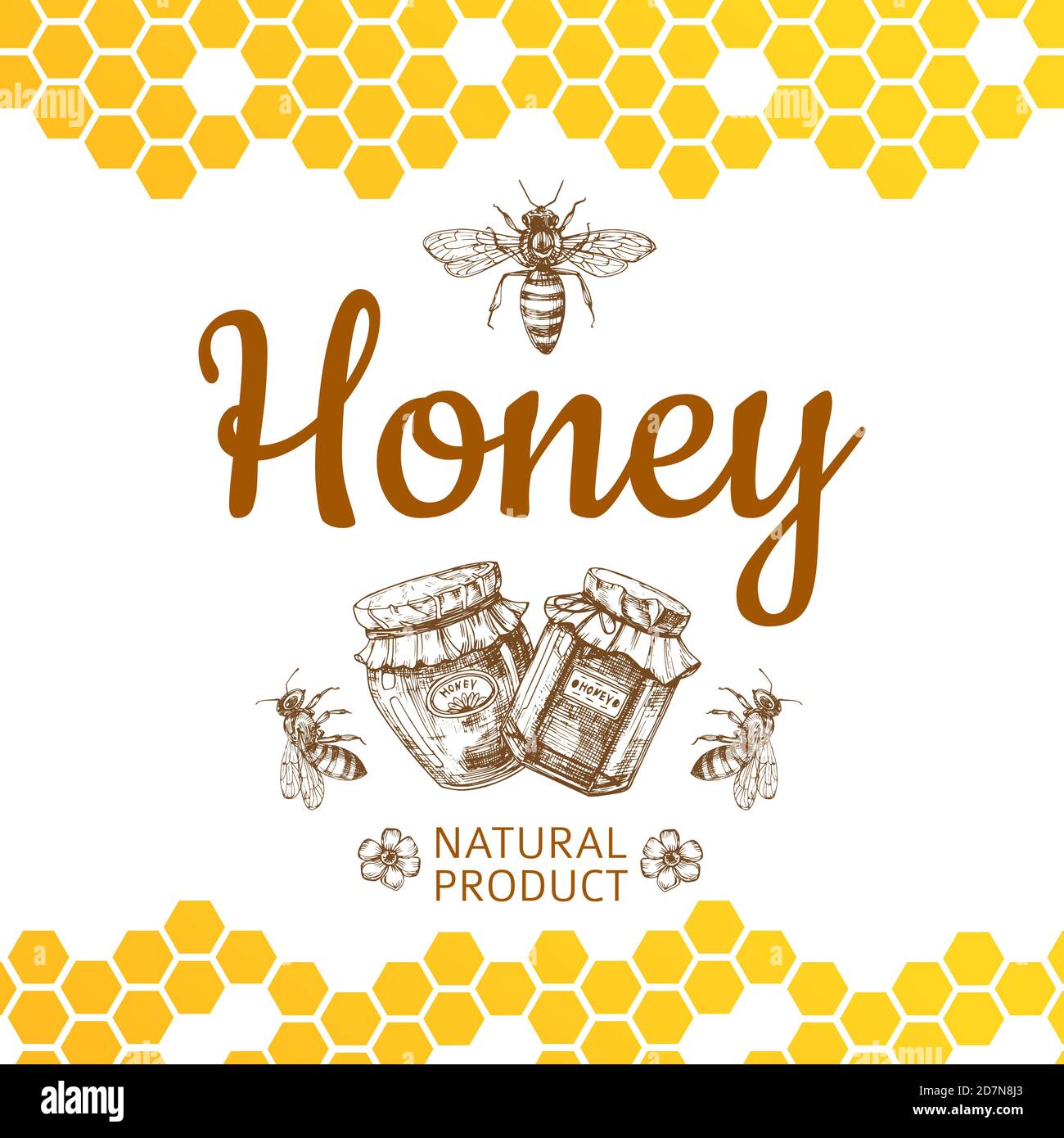 Vintage Honig Logo und Hintergrund mit Vektor Biene, Honiggläser und Waben. Natürliche Honignahrung, Honigwabe und Bienenillustrationen Stock Vektor