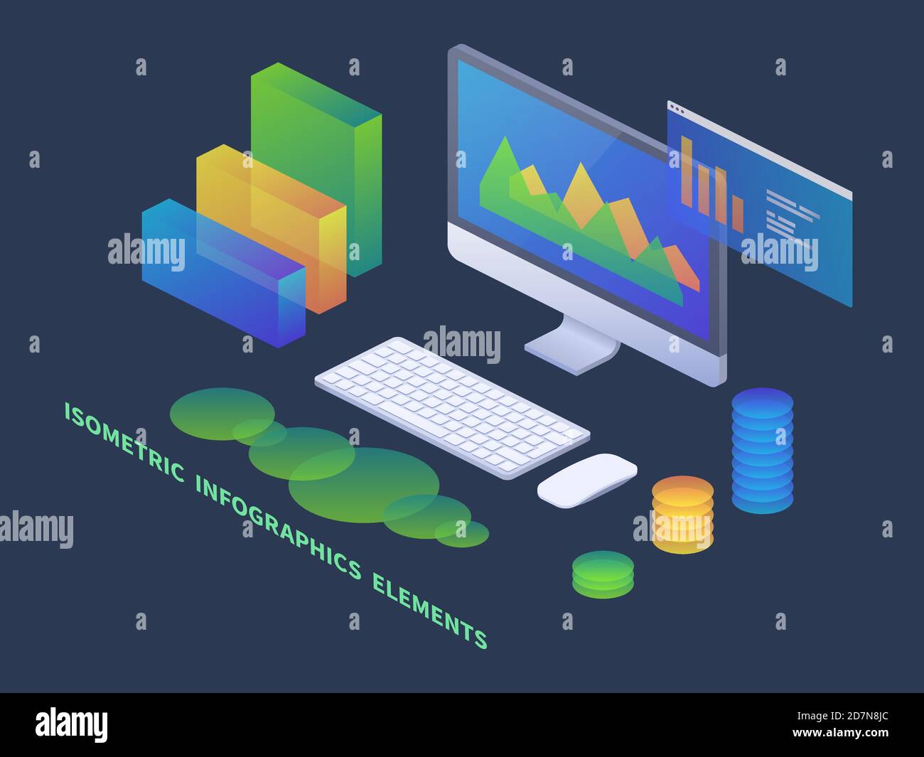 Business Infografiken isometrisches Konzept. Vector 3d PC mit Datendiagrammen und Statistikdiagrammen. Infografik zur Business-Isometric-Analyse Stock Vektor