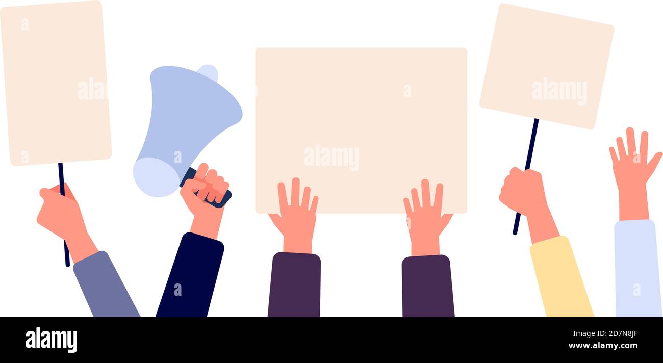 Hände mit leerem Plakat. Menschen mit Protestbannern, Aktivisten mit leeren Stimmenschildern. Wahlkampf Vektor-Konzept. Illustration Protest mit Plakat, politischer Freiheitskampf Stock Vektor Hände mit leerem Plakat. Menschen mit Protestbannern, Aktivisten mit leeren Stimmenschildern. Wahlkampf Vektor-Konzept. Illustration Protest mit Plakat, politischer Freiheitskampf Stock Vektor