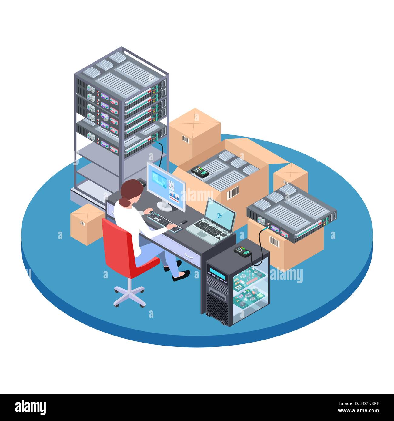 QS-Tester bei der Arbeit. Frau testet Software. Isometrische Qualitätssicherung Software Analyst Vektor Illustration. Software qa und Entwicklung Tester Web Stock Vektor