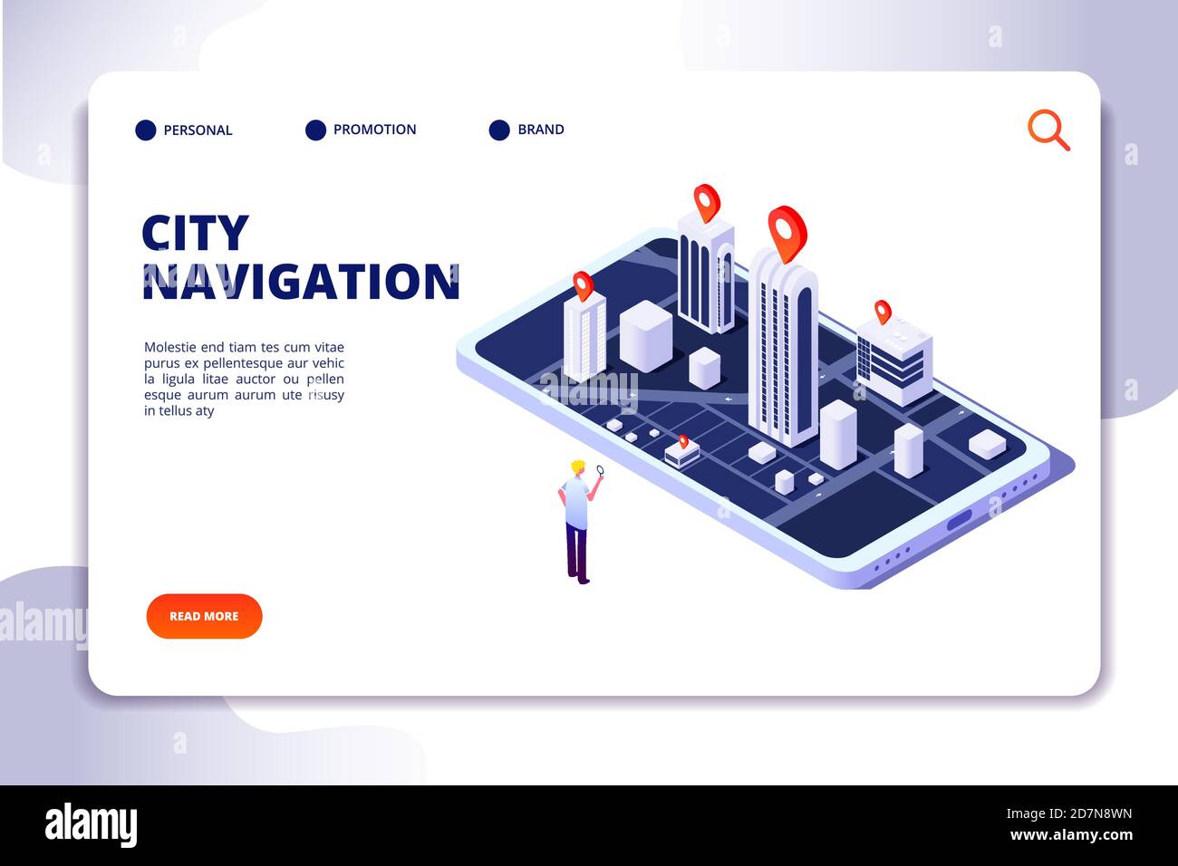 GPS-isometrisches Konzept. Navigation City 3d Karte Handy, Handy-Tracker mit globaler Positionierung App. Landing-Vektor-Seite. Abbildung von Smartphone-Gadget Navigator 3d Stock Vektor