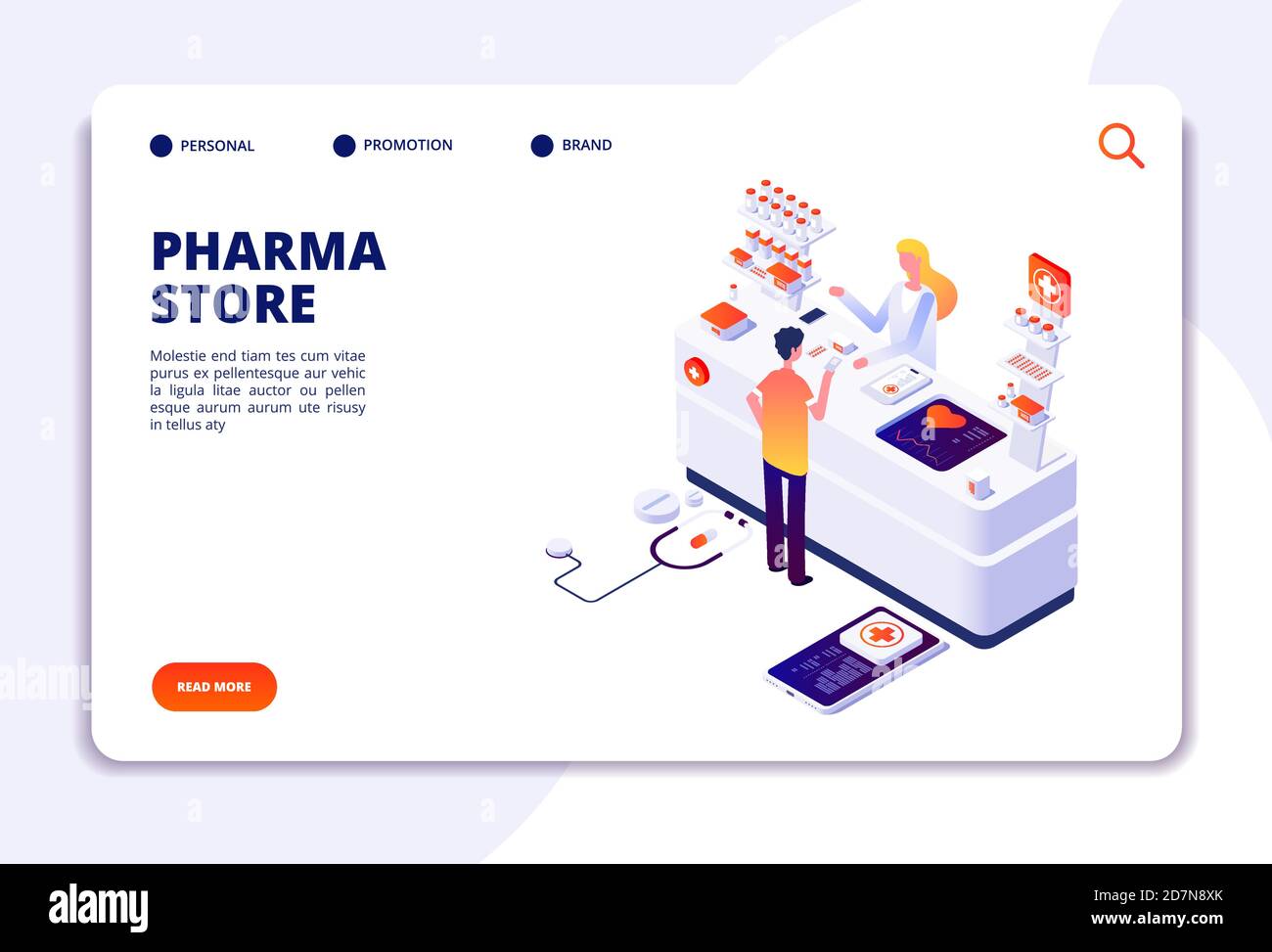 Apotheke isometrisches Konzept. Arzt Apotheker und Patient in der Apotheke. Landing Page für Medikation und Gesundheitswesen. Illustration des medizinischen Apothekers in der Drogerie, Gesundheitspflegepatient Stock Vektor