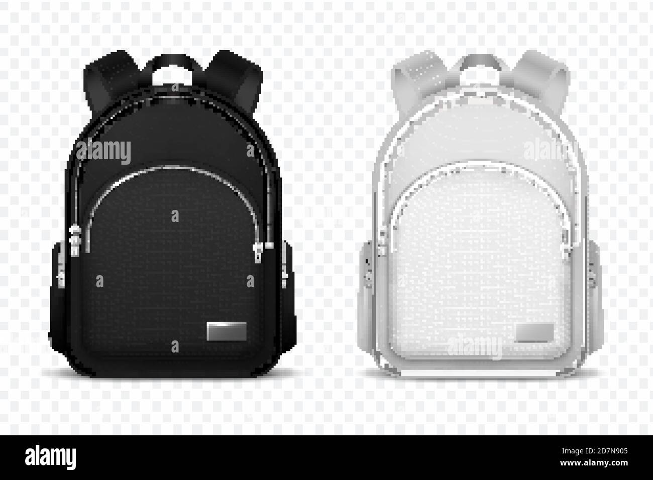 Schulrucksack. Schwarz-weißer Rucksack. Vorderansicht Reisetasche. 3d-Vektormockup isoliert. Illustration von Schulrucksack, Tasche und Schultasche Stock Vektor