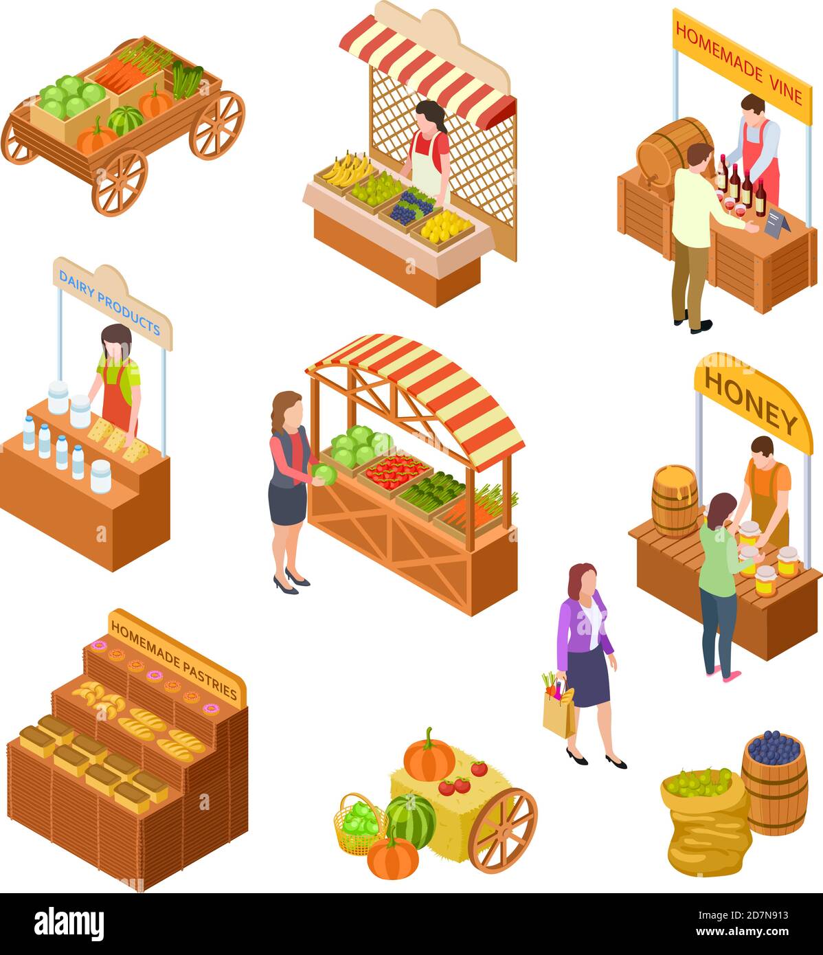 Bauernmarkt isometrisch. Menschen verkaufen und kaufen traditionelle Mahlzeit, Gemüse und Obst auf Lebensmittelmarkt mit Ständen 3d-Vektor-Set. Markt und Geschäft, Markt mit Obst Illustration Stock Vektor