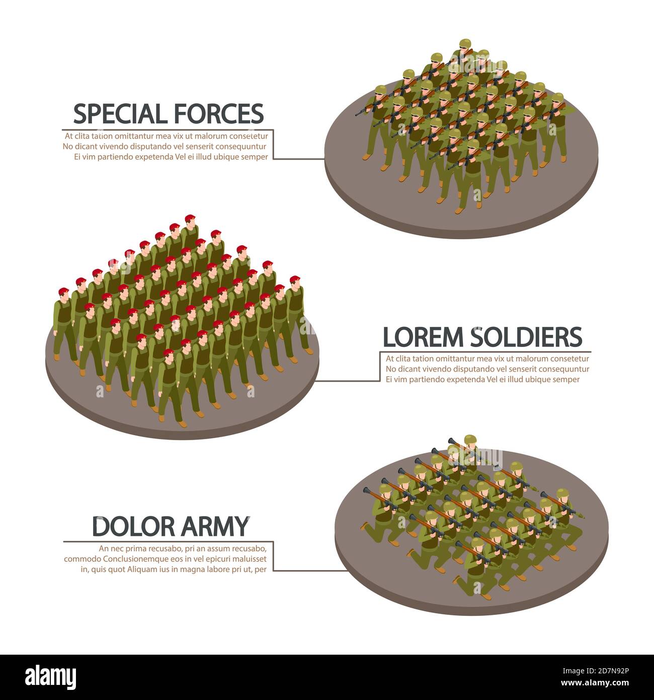 Armee, Militär, Soldaten isometrische Info Banner Vektor-Design. Illustration der militärischen Infanterie, Soldat in Uniform Stock Vektor