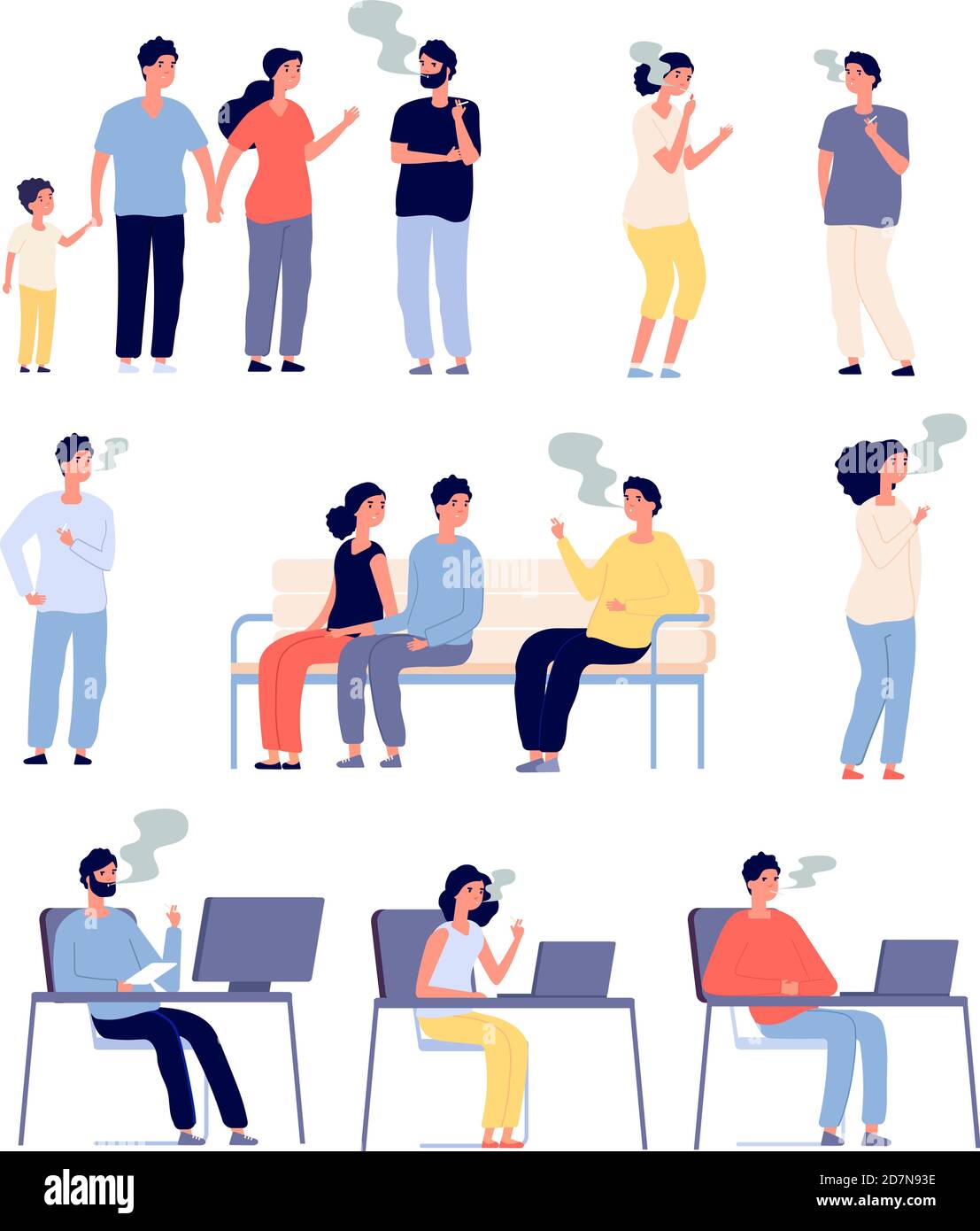 Raucher. Menschen rauchen Zigaretten an öffentlichen Orten. Passivrauchen, schlechte Gewohnheiten und Drogenabhängigkeit. Isolierte Vektorzeichen. Drogenabhängigkeit, Gewohnheit schlecht und ungesunde Illustration Stock Vektor