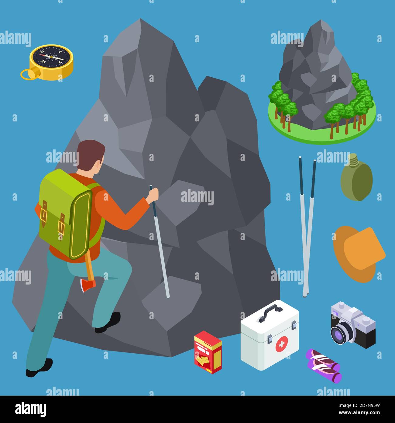 Klettern, Wandern isometrische Vektor-Ausrüstung Set. Illustration von isometrischen Klettern und Wandern, Outdoor 3d Berg Stock Vektor