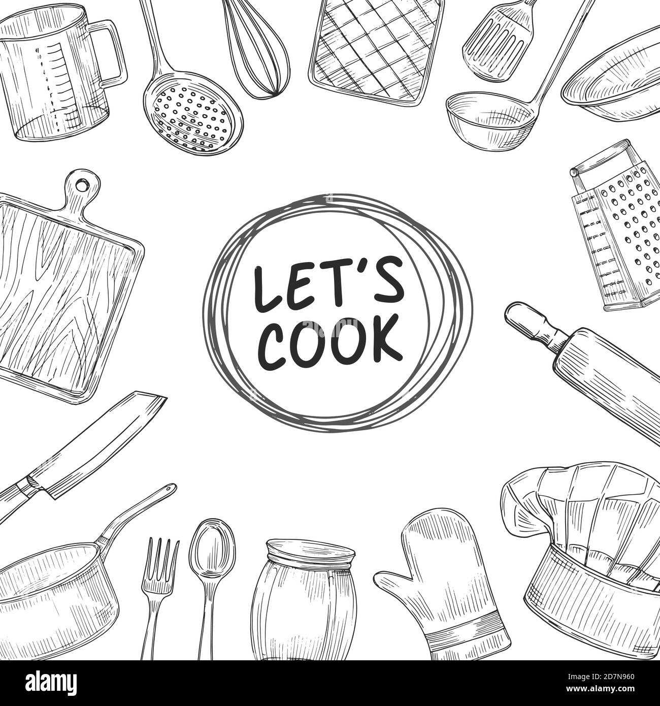 Kann kochen. Kochen Chef Kurs Skizze Hintergrund. Kulinarische Küchengeräte vintage Vektor Illustration. Kochen Abendessen, Skizze Zeichnung kochen Stock Vektor