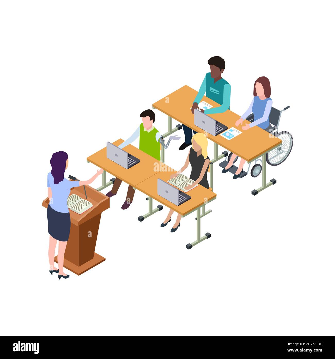 Erschwingliche Bildung für Menschen mit Behinderungen isometrische Vektor-Illustration. Bildung Behinderte Menschen, Lehrer und Studenten Stock Vektor