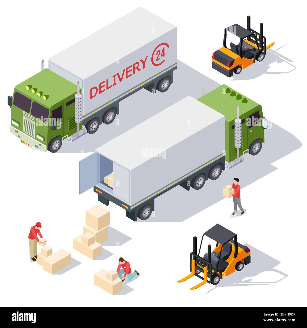 Lieferung Service isometrische Vektor-Elemente Sammlung mit Lieferwagen, Boxen und Lieferer. Lieferung Ladung isometrischen Service, Lader LKW-Illustration Stock Vektor