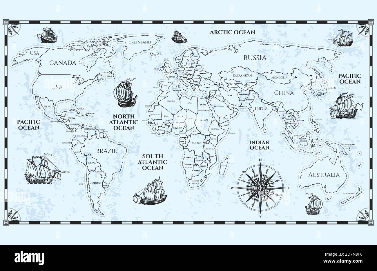 Vektor antike Weltkarte mit Ländergrenzen und Schiffen. Illustration der Geographie Weltkarte, Abenteuer geographische Stock Vektor
