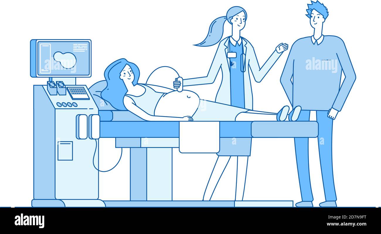 Schwangerschaftsabtastung. Sonographie der schwangeren Frau. Ehemann Arzt suchen Monitor Sonogramm. Vektorbild Schwangerschaftsdiagnostik. Schwangere Frau, Ultraschall-Scan und Untersuchung Illustration Stock Vektor