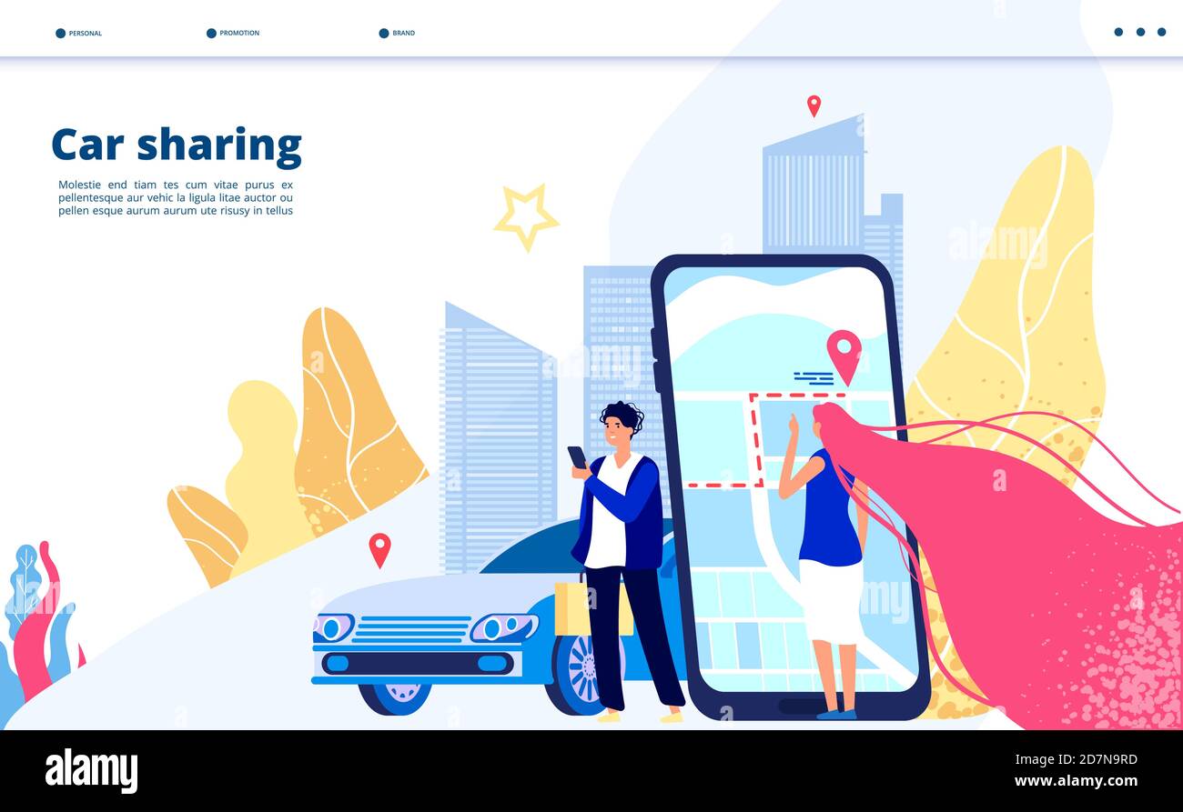 Carsharing-Landung. Fahrgemeinschaften Reisen von mehreren Personen zusammen Fahrer mit Mietwagen für Städtereise. Transportvektorkonzept. Illustration von Carsharing Transport, mieten Auto App Stock Vektor