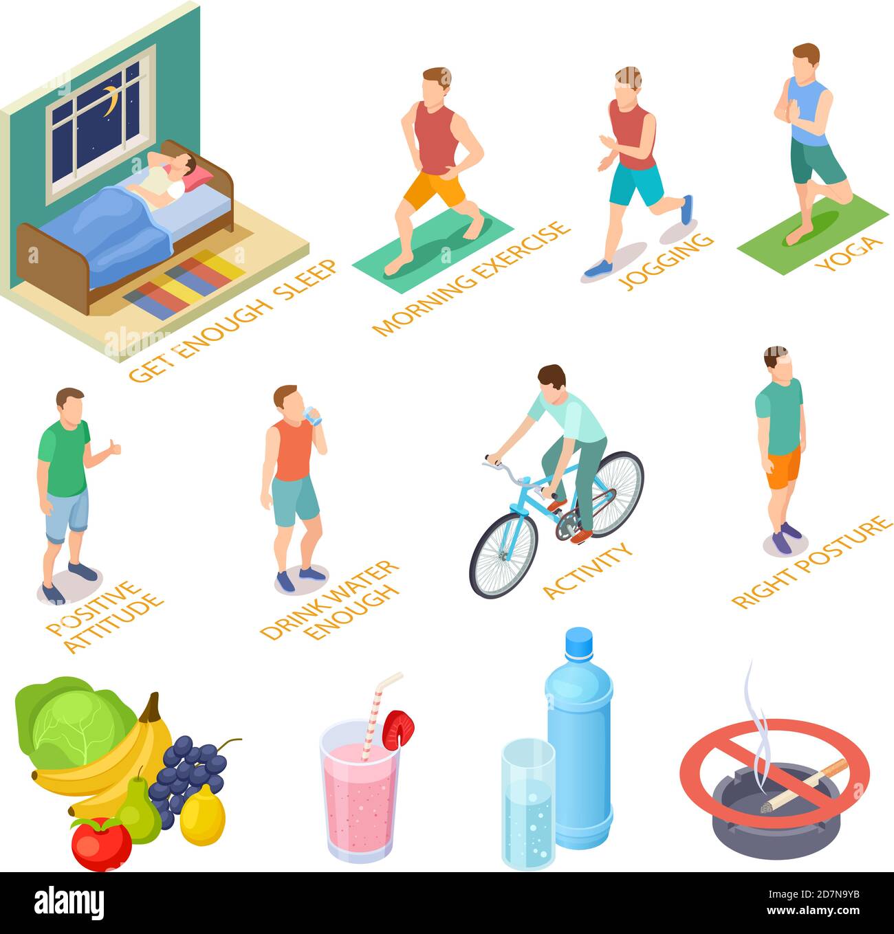 Gesunde Lebensweise isometrisches Konzept. Regelmäßige Übungen, medizinische Überprüfung Ernährung Ernährung. Gute Gewohnheiten Sport Aktivitäten Vektor-Elemente. Isometrische Sport und Gesundheit Ernährung, Aktivität Mann Illustration Stock Vektor