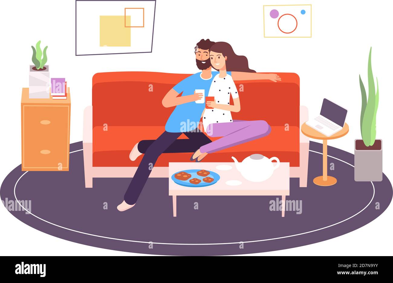 Romantisches Paar im Zimmer. Freundin und Freund sitzen auf dem Sofa in der Wohnung. Romantische Menschen, weiblich zusammen Indoor Vektor-Konzept. Illustration von Freundin und Freund sitzen auf der Couch Stock Vektor