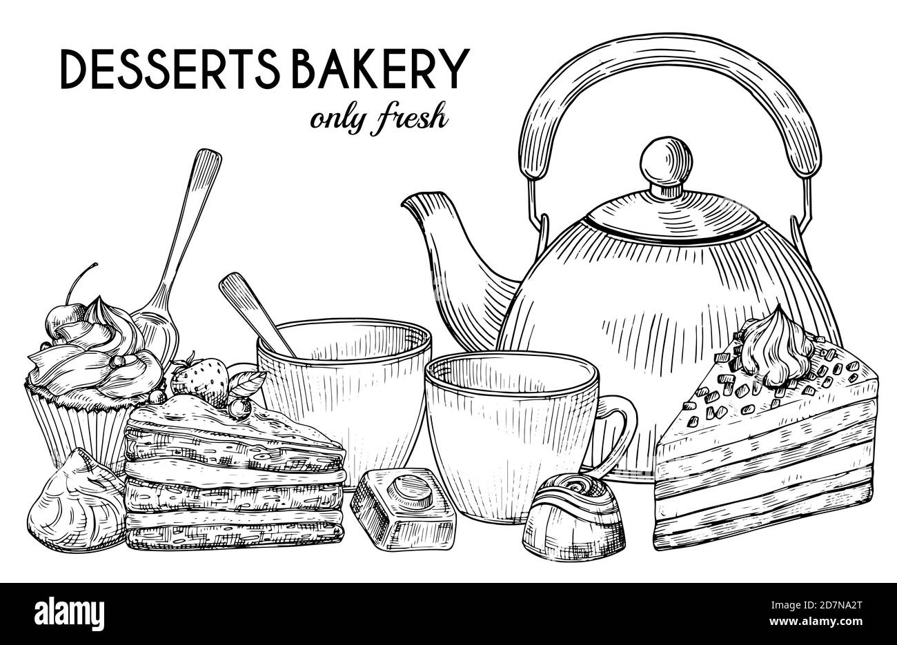 Desserts Bäckerei Shop Vektor Banner Vorlage. Handgezeichnete Kanne, Teetassen, Kuchen und Süßigkeiten isoliert auf weißem Hintergrund. Illustration von Kuchen und Tasse Tee für den Morgen Stock Vektor