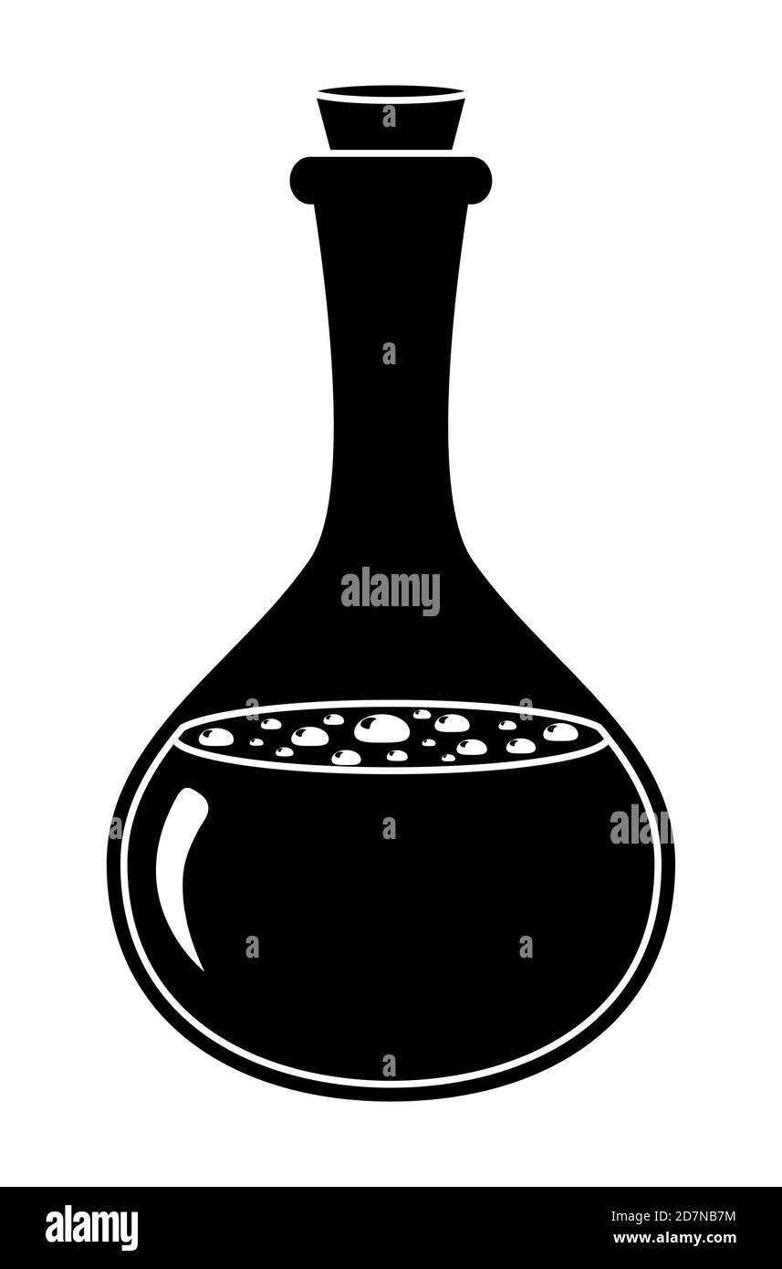 Elixir in Glasflasche Vektor Silhouette auf weiß isoliert. Schwarze Form von Zaubertrank. Illustration von schwarzen und weißen Kolben mit chemischer Substanz Stock Vektor