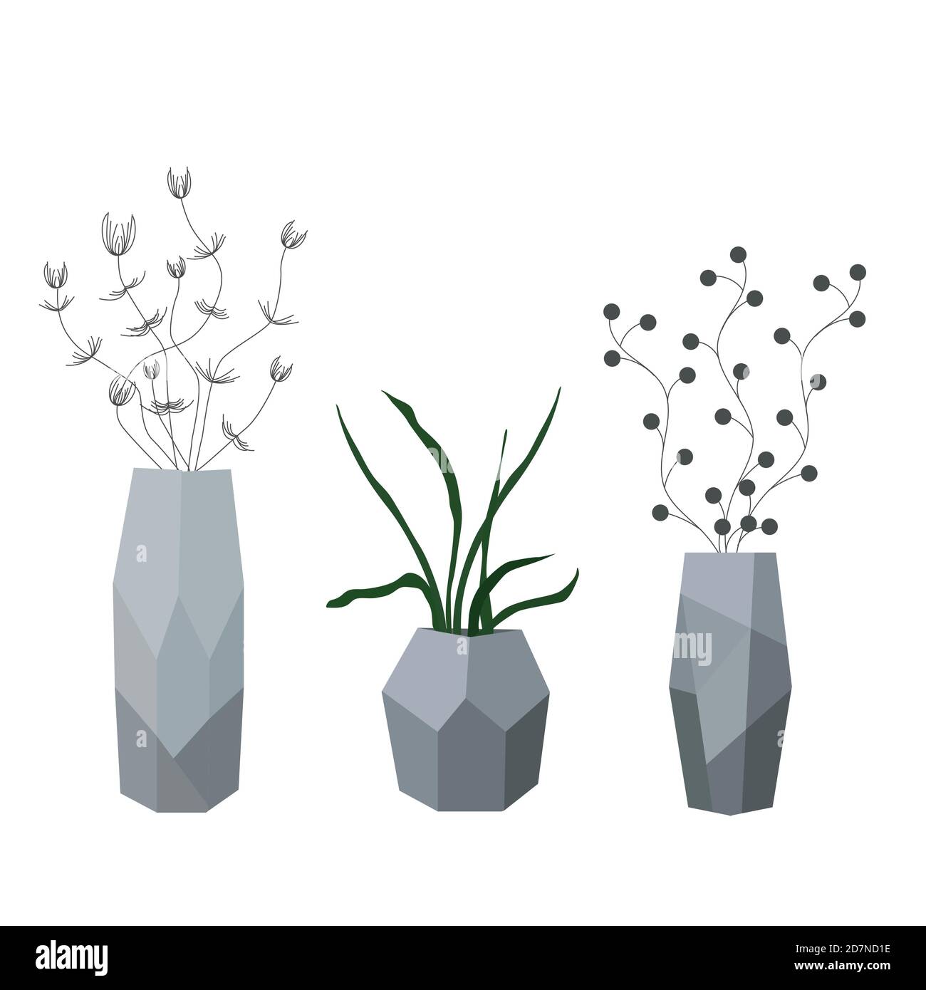 Set aus facettierten Vasen mit blühenden Blumen für die Inneneinrichtung. Abstrakte und lebendige Blumen in Vasen. Flache Vektor-Illustration isoliert auf einem weißen Stock Vektor