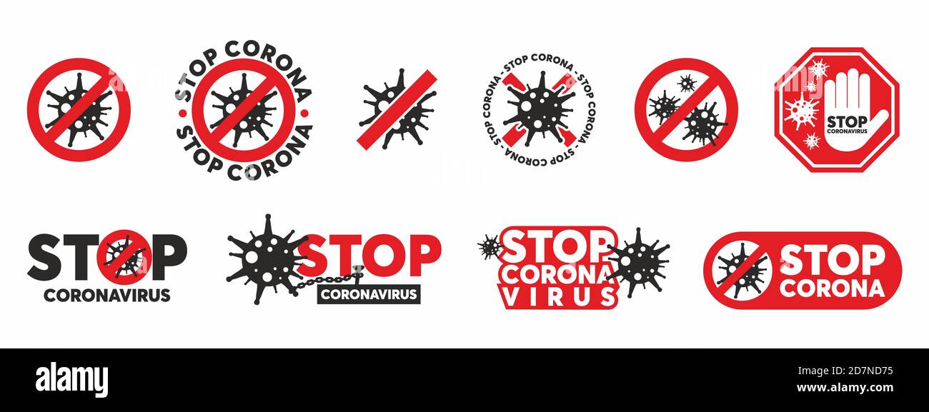 Stop Coronavirus Zeichen Konzept gesetzt. Covid-19 (2019-nCoV) Pandemie Risiko Alarm Symbole. Stock Vektor